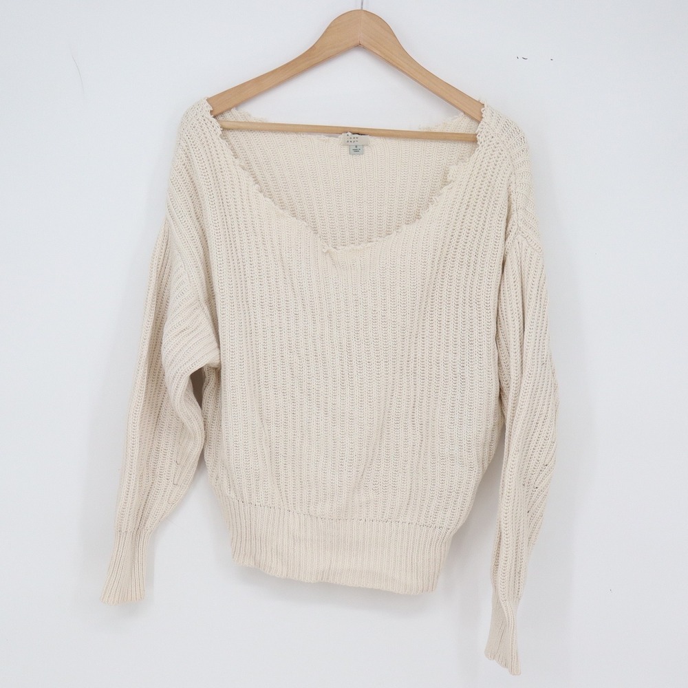 A New Day Sweater Womens S Pullover Cream Ribbed V-Neck Knit Excellent